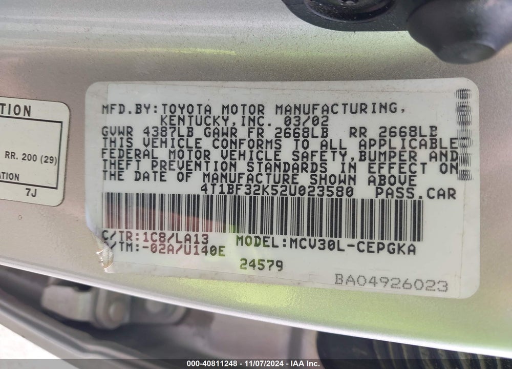 2002 TOYOTA CAMRY XLE V6 VIN: 4T1BF32K52U023580