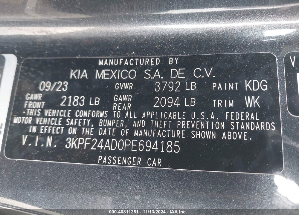 2023 KIA FORTE VIN: 3KPF24AD0PE694185