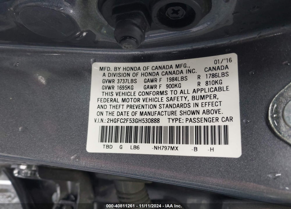 2016 HONDA CIVIC LX VIN: 2HGFC2F53GH530888