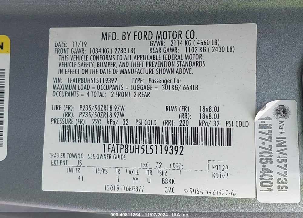 2020 FORD MUSTANG ECOBOOST PREMIUM VIN: 1FATP8UH5L5119392