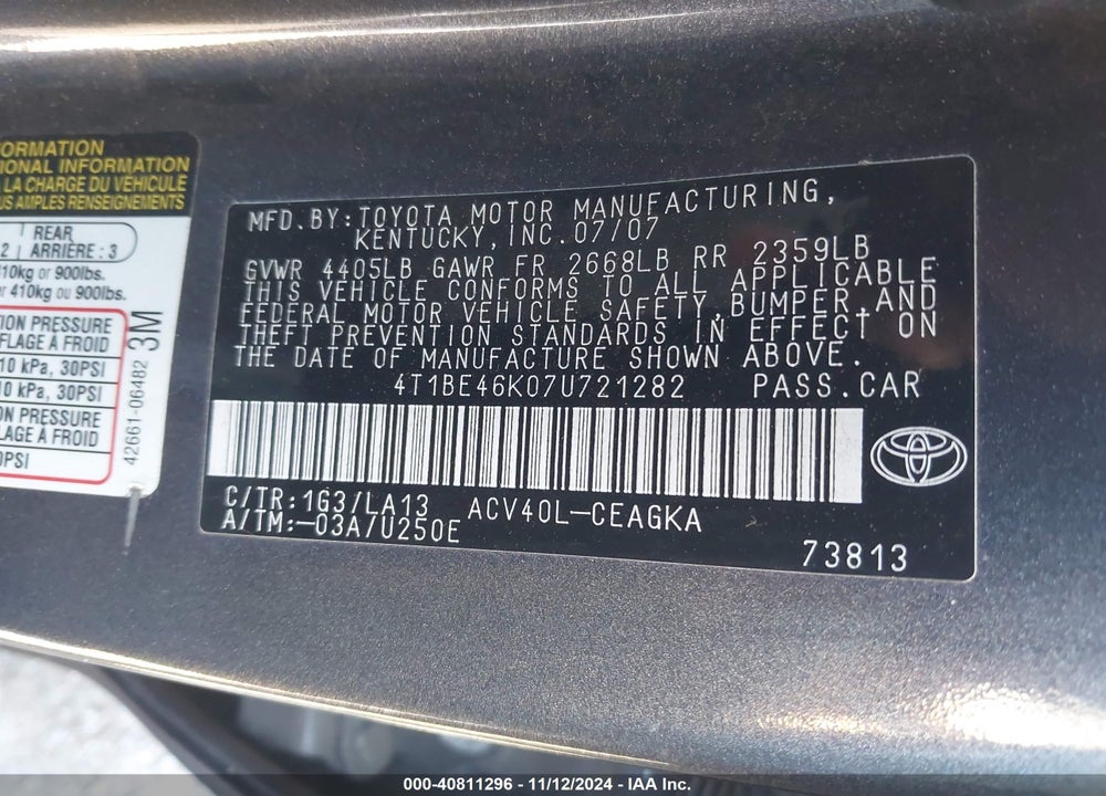 2007 TOYOTA CAMRY XLE VIN: 4T1BE46K07U721282
