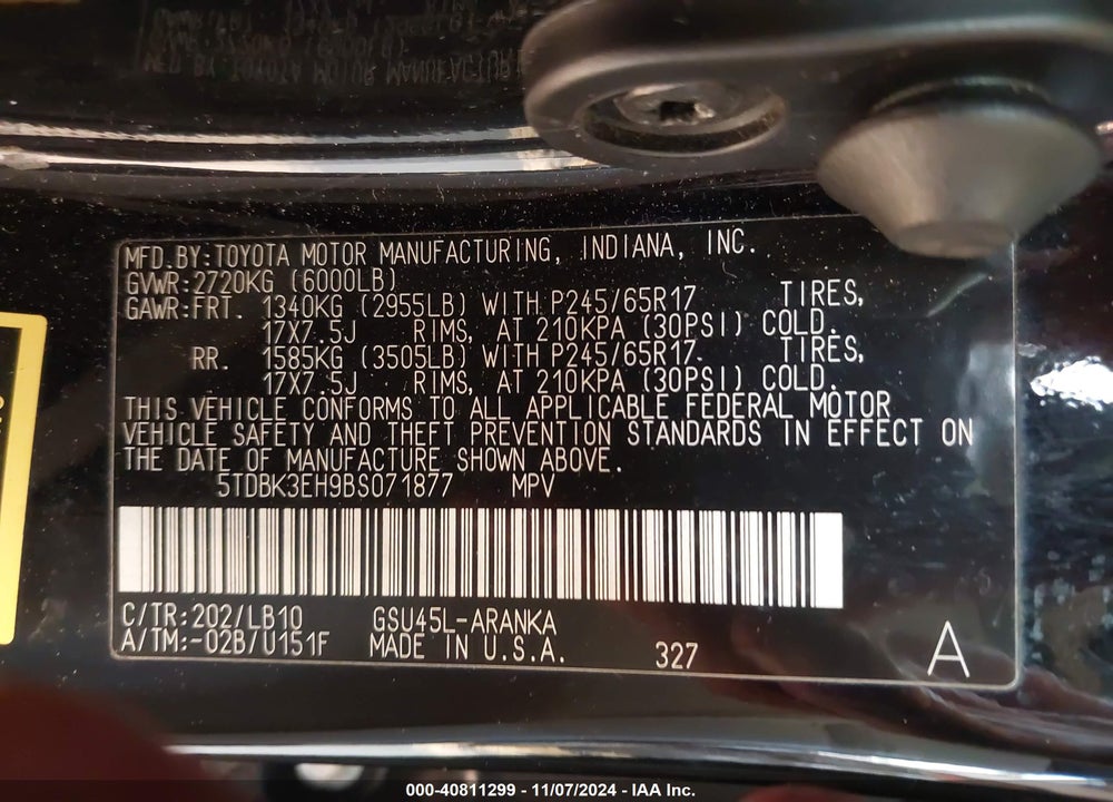 2011 TOYOTA HIGHLANDER SE V6 VIN: 5TDBK3EH9BS071877