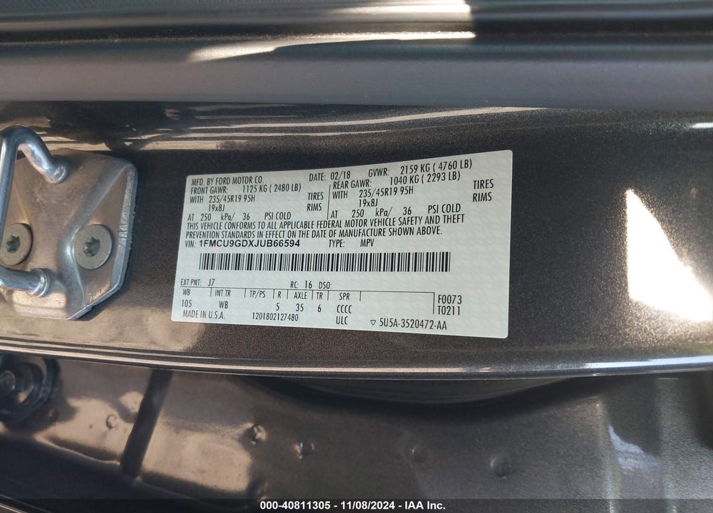 2018 FORD ESCAPE SE VIN: 1FMCU9GDXJUB66594
