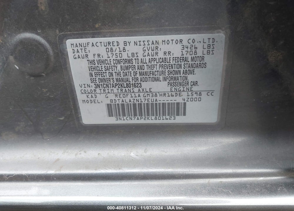 2019 NISSAN VERSA 1.6 S+ VIN: 3N1CN7AP2KL801623