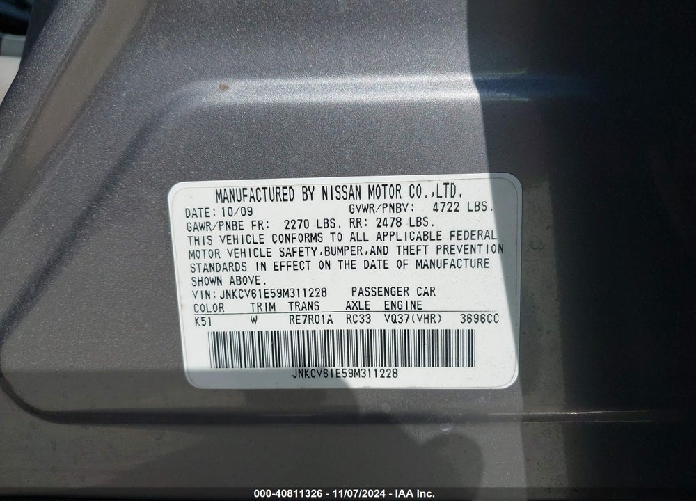 2009 INFINITI G37 JOURNEY VIN: JNKCV61E59M311228