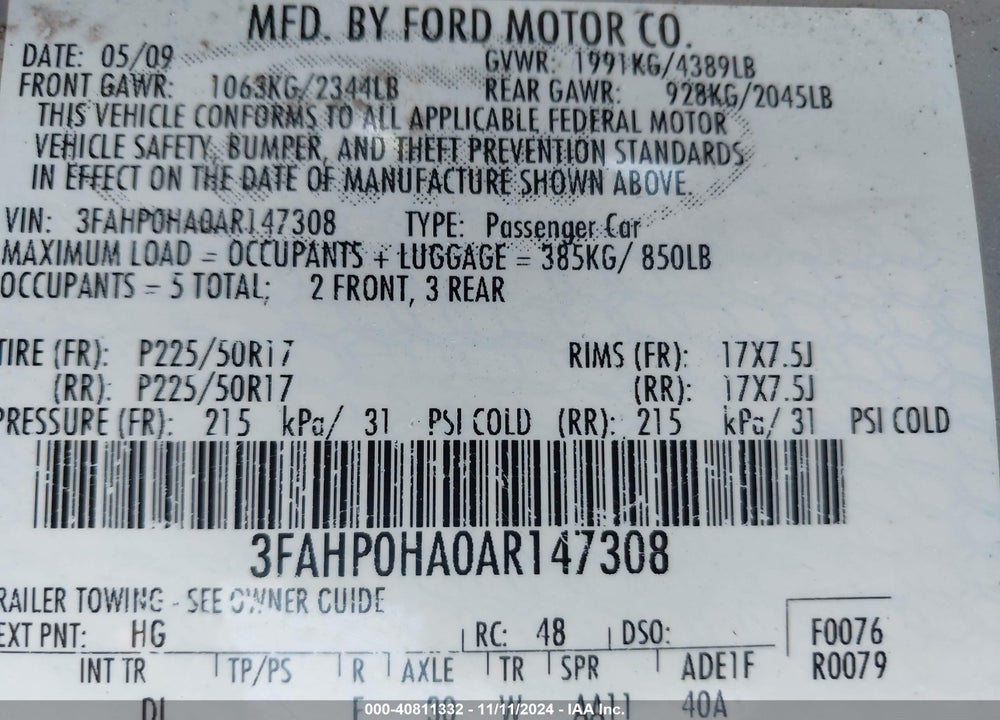 2010 FORD FUSION SE VIN: 3FAHP0HA0AR147308
