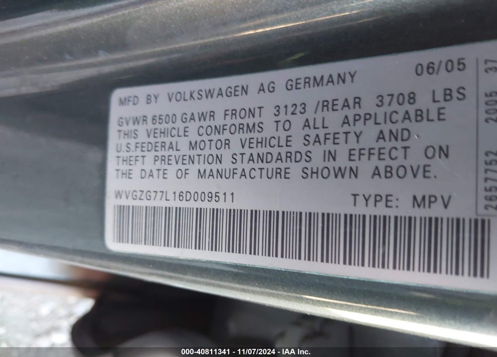 2006 VOLKSWAGEN TOUAREG V6 VIN: WVGZG77L16D009511