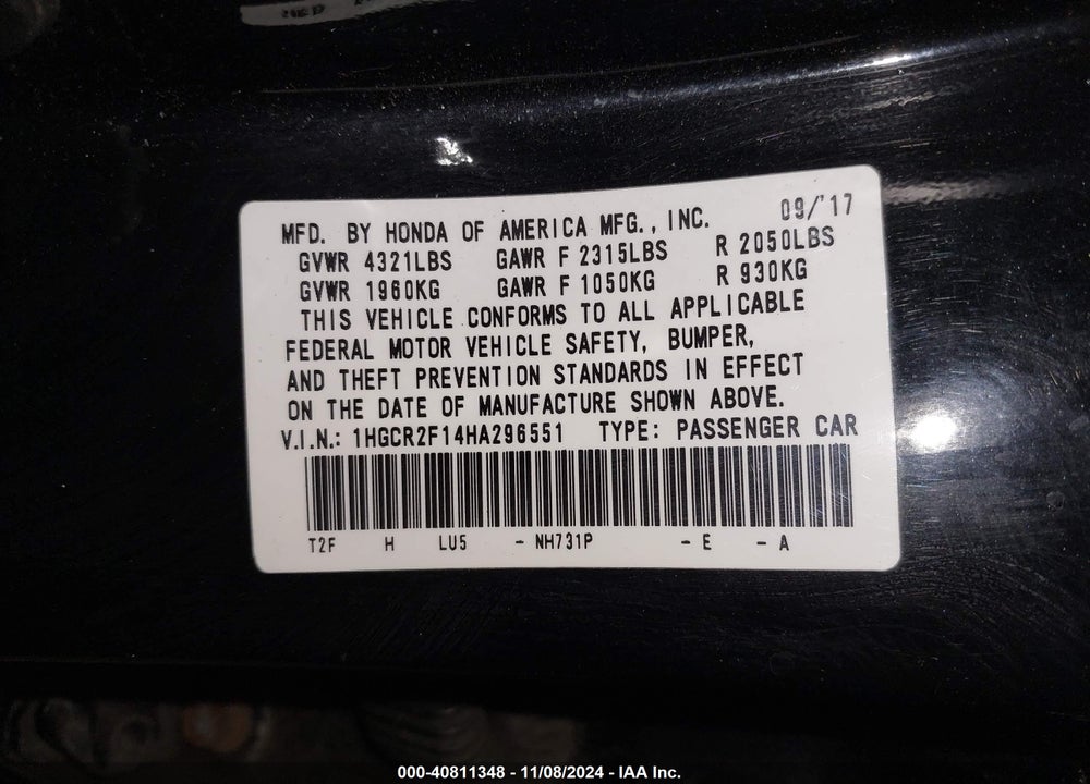 2017 HONDA ACCORD SPORT SE VIN: 1HGCR2F14HA296551