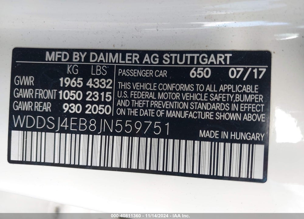 2018 MERCEDES-BENZ CLA 250 VIN: WDDSJ4EB8JN559751