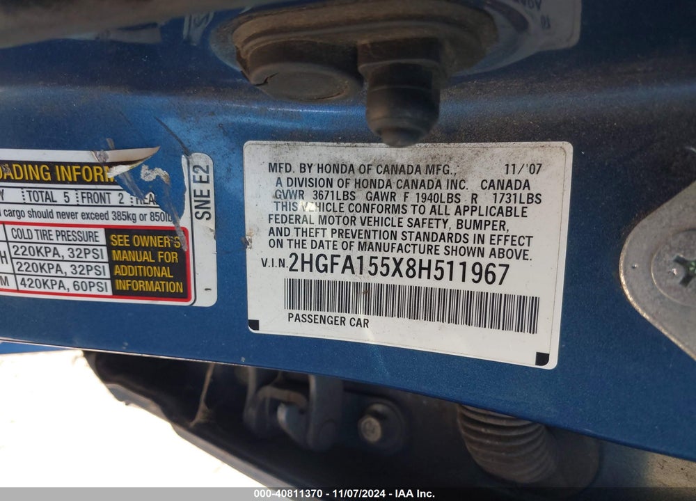 2008 HONDA CIVIC LX VIN: 2HGFA155X8H511967