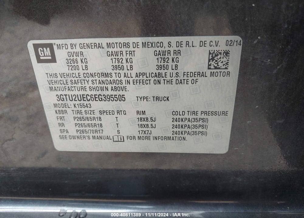 2014 GMC SIERRA 1500 SLE VIN: 3GTU2UEC6EG395505