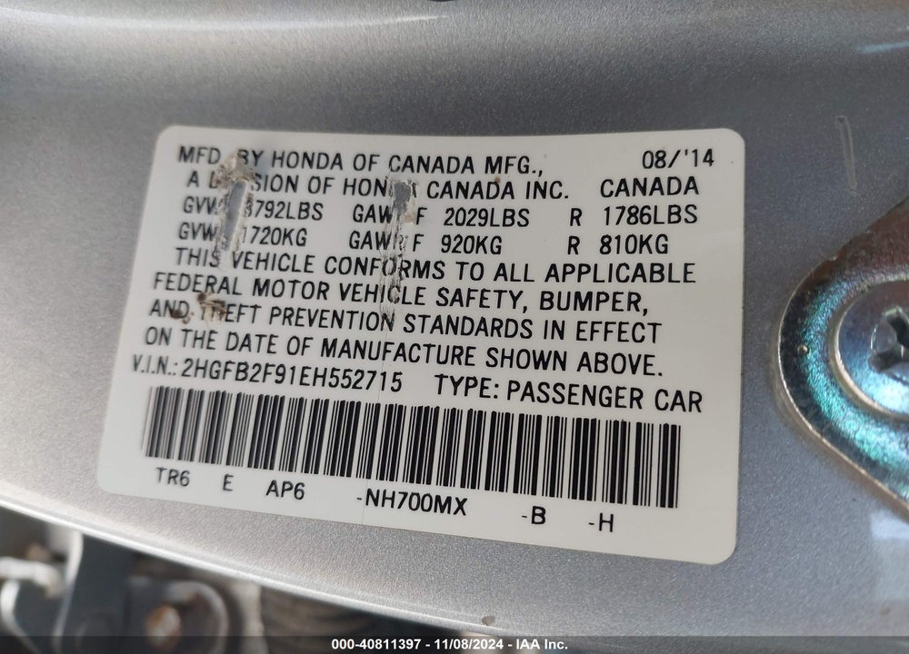 2014 HONDA CIVIC EX-L VIN: 2HGFB2F91EH552715
