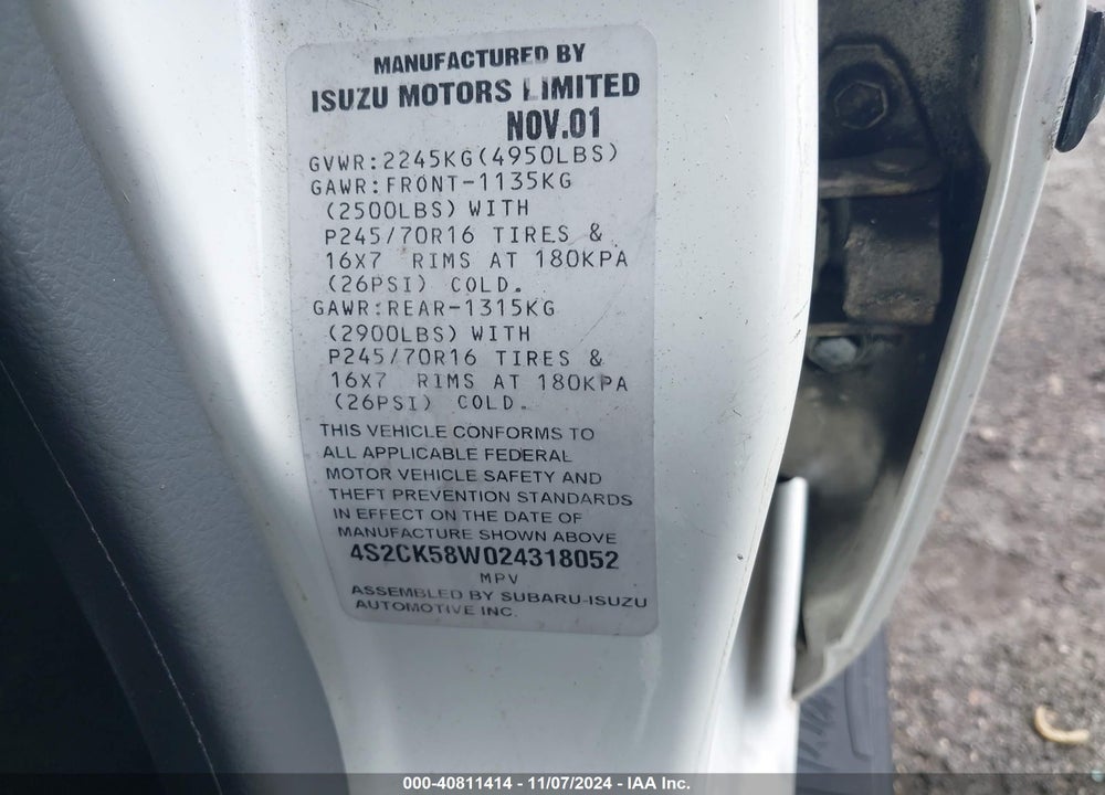 2002 ISUZU RODEO LS 3.2L V6/LSE 3.2L V6/S 3.2L V6 VIN: 4S2CK58W024318052