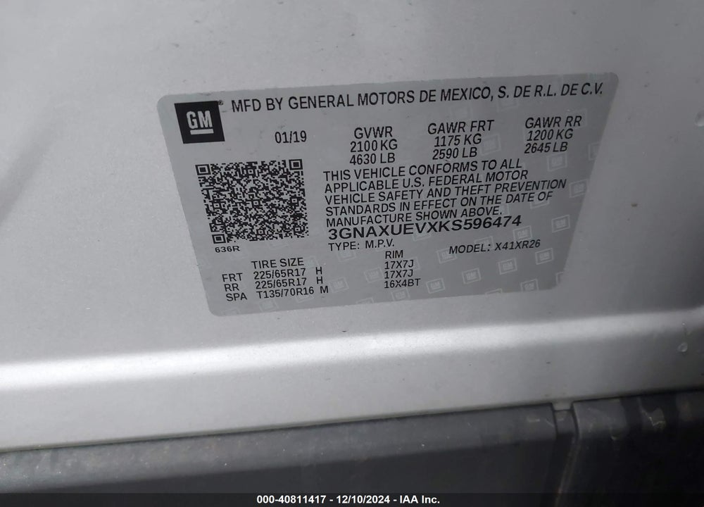 2019 CHEVROLET EQUINOX LT VIN: 3GNAXUEVXKS596474