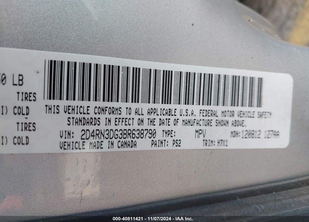 2011 DODGE GRAND CARAVAN MAINSTREET VIN: 2D4RN3DG3BR638790