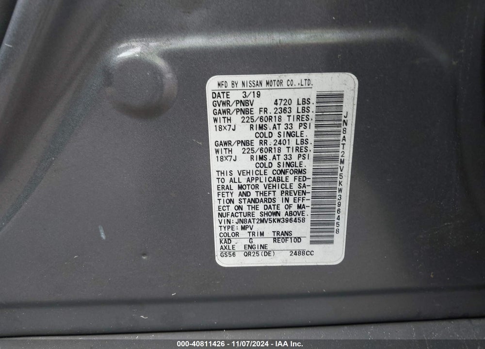 2019 NISSAN ROGUE SV VIN: JN8AT2MV5KW396458