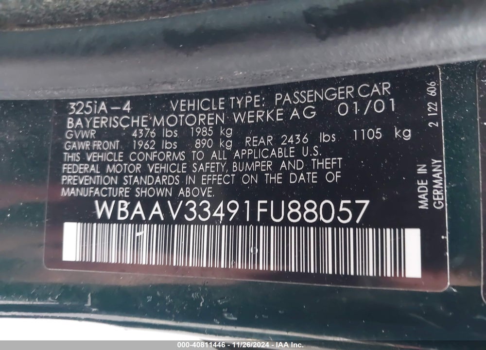 2001 BMW 325I VIN: WBAAV33491FU88057