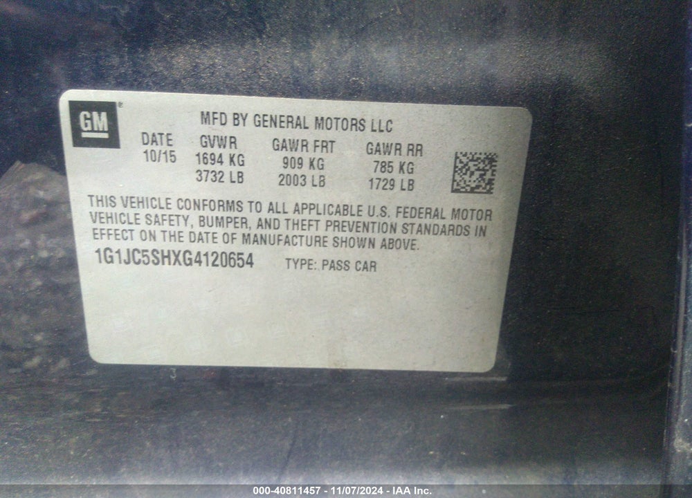 2016 CHEVROLET SONIC VIN: 1G1JC5SHXG4120654
