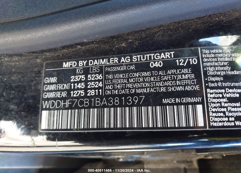 2011 MERCEDES-BENZ E 550 VIN: WDDHF7CB1BA381397