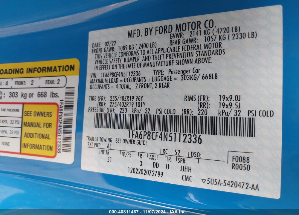 2022 FORD MUSTANG GT PREMIUM VIN: 1FA6P8CF4N5112336