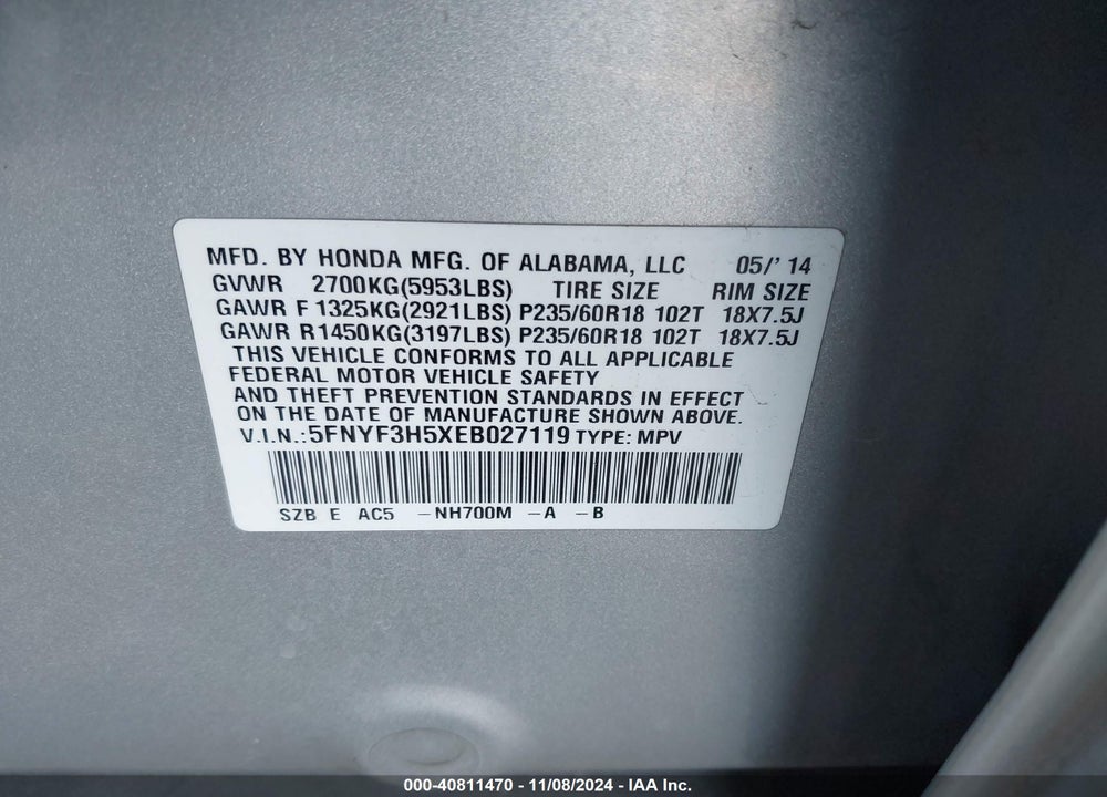 2014 HONDA PILOT VIN: 5FNYF3H5XEB027119