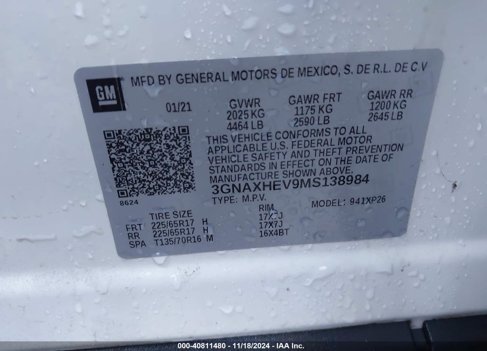 2021 CHEVROLET EQUINOX FWD LS VIN: 3GNAXHEV9MS138984
