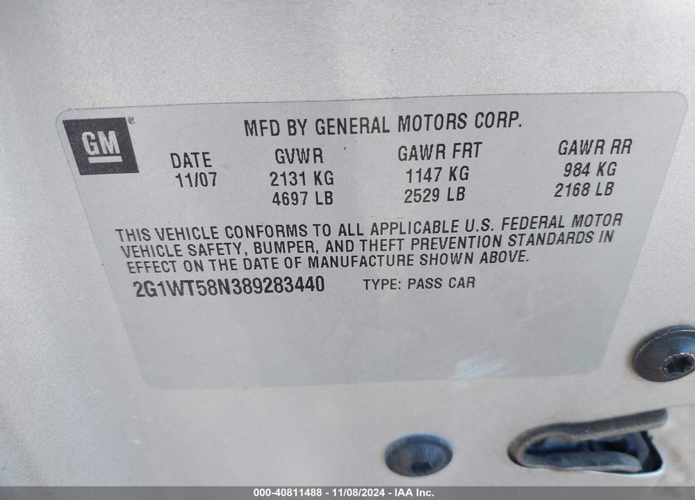 2008 CHEVROLET IMPALA LT VIN: 2G1WT58N389283440