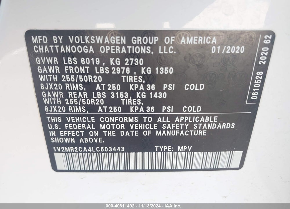 2020 VOLKSWAGEN ATLAS 3.6L V6 SEL VIN: 1V2MR2CA4LC503443