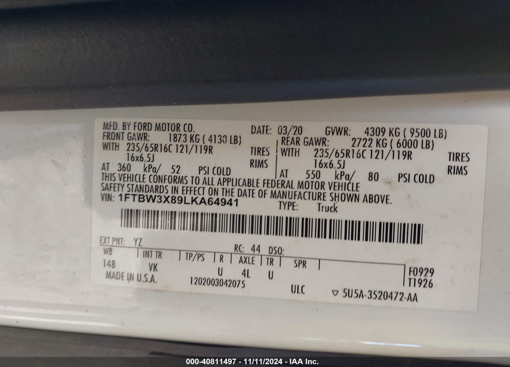 2020 CARGO FORD TRANSIT-350  VAN VIN: 1FTBW3X89LKA64941