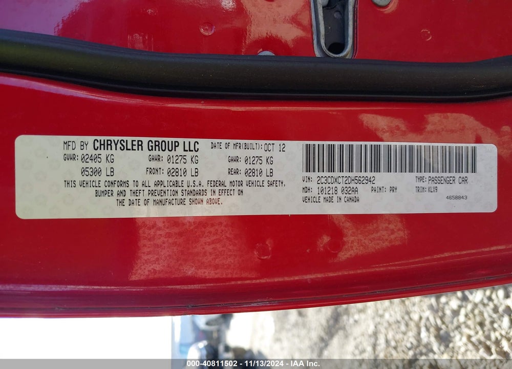 2013 DODGE CHARGER ROAD/TRACK VIN: 2C3CDXCT2DH562942