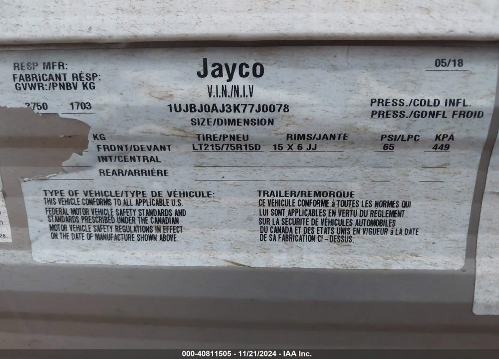 2019 OTHER JAYCO VIN: 1UJBJ0AJ3K77J0078