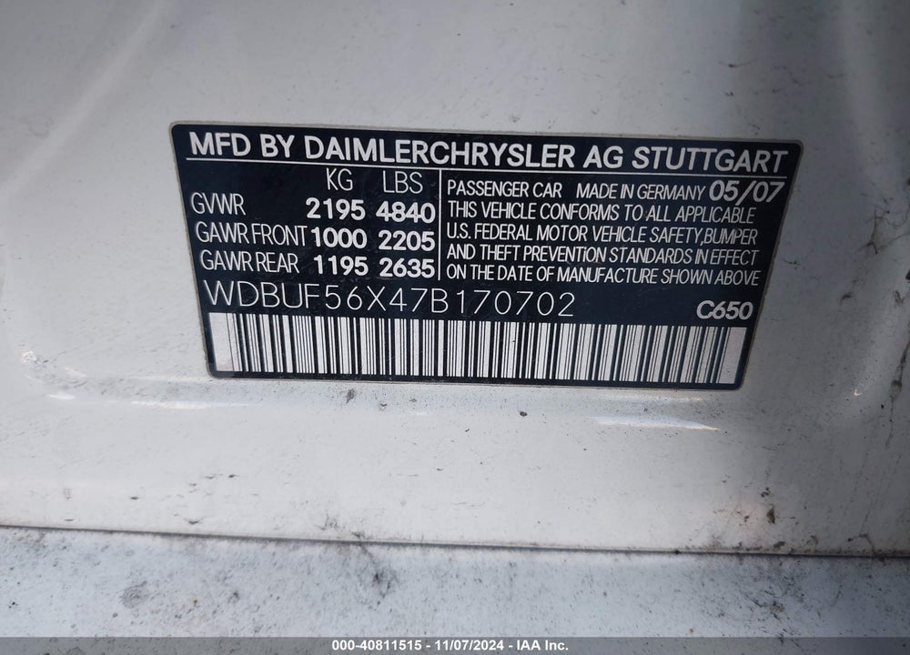 2007 MERCEDES-BENZ E 350 VIN: WDBUF56X47B170702