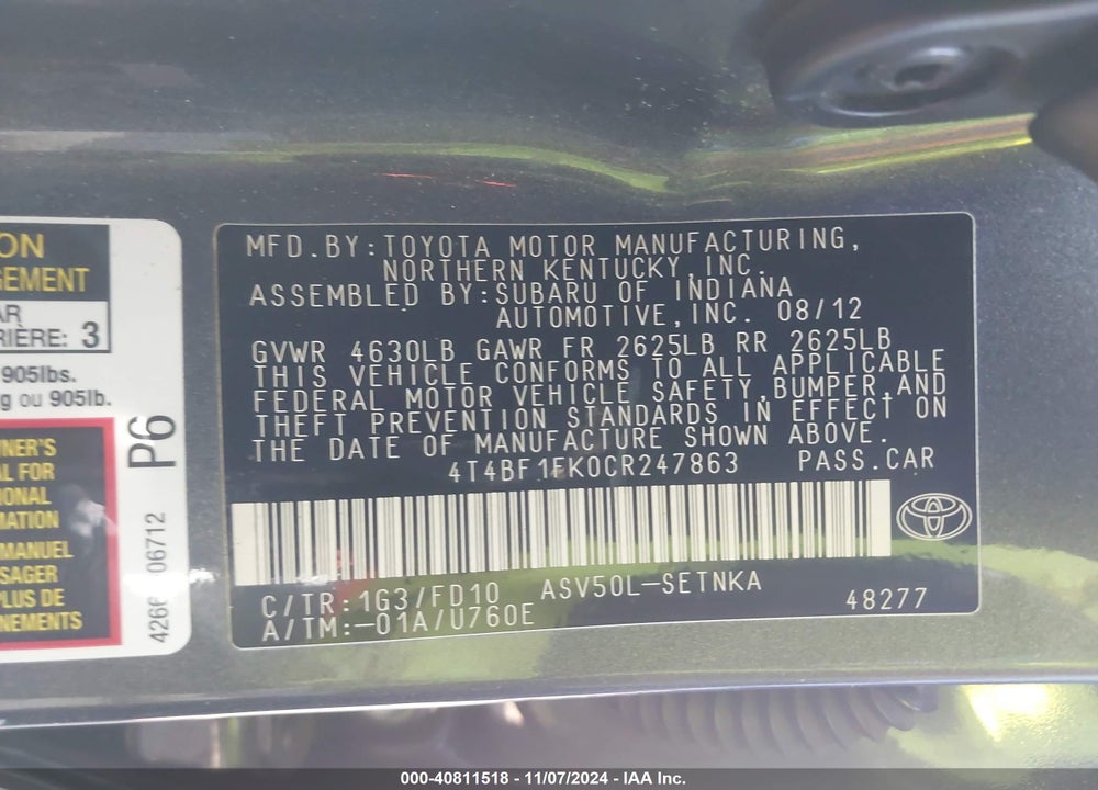 2012 TOYOTA CAMRY LE VIN: 4T4BF1FK0CR247863