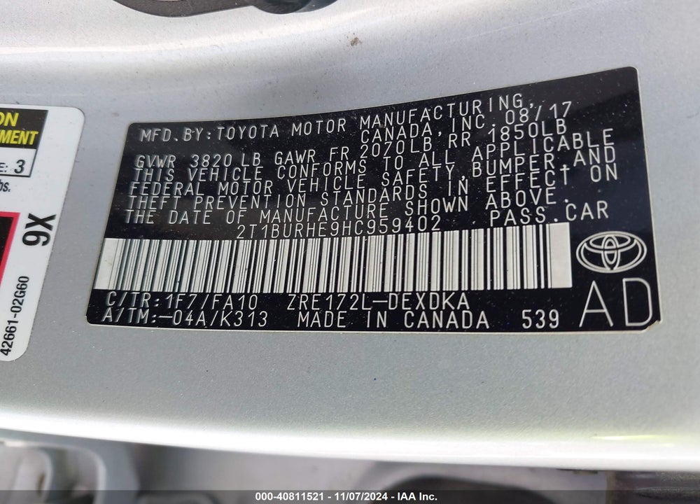 2017 TOYOTA COROLLA L VIN: 2T1BURHE9HC959402
