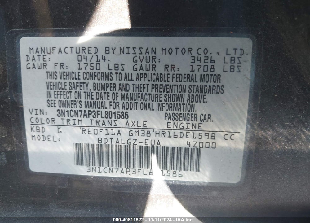 2015 NISSAN VERSA 1.6 SL VIN: 3N1CN7AP3FL801586