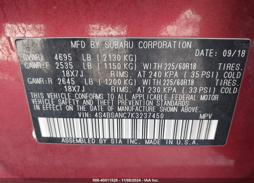 2019 SUBARU OUTBACK 2.5I LIMITED VIN: 4S4BSANC7K3237450