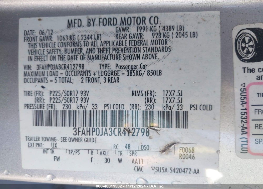 2012 FORD FUSION SEL VIN: 3FAHP0JA3CR412798