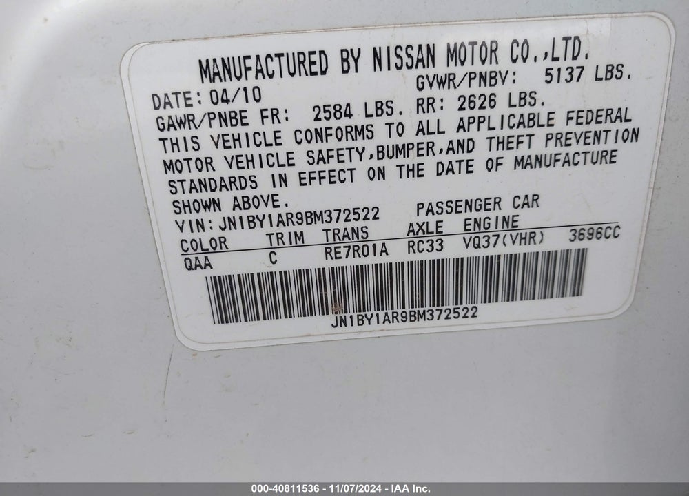 2011 INFINITI M37X VIN: JN1BY1AR9BM372522