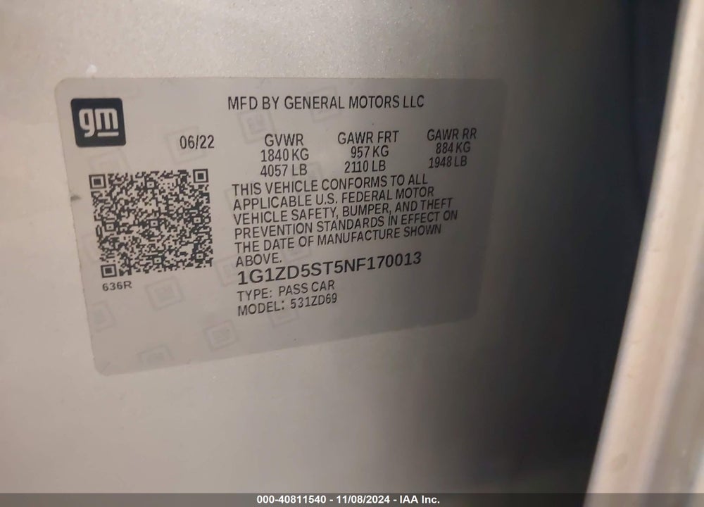 2022 CHEVROLET MALIBU FWD LT VIN: 1G1ZD5ST5NF170013