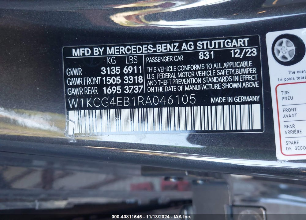 2024 MERCEDES-BENZ EQS SEDAN VIN: W1KCG4EB1RA046105