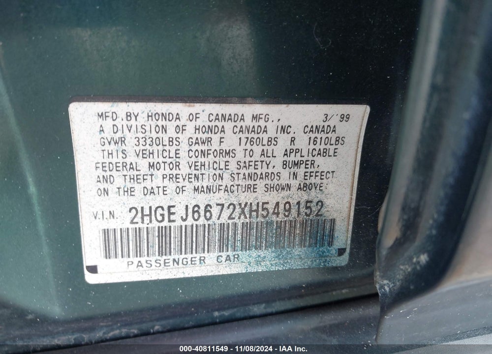 1999 HONDA CIVIC LX VIN: 2HGEJ6672XH549152