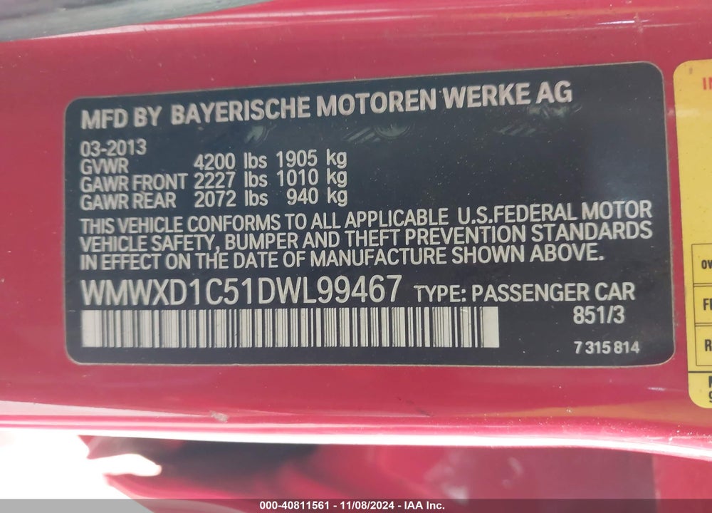 2013 MINI COUNTRYMAN JOHN COOPER WORKS VIN: WMWXD1C51DWL99467