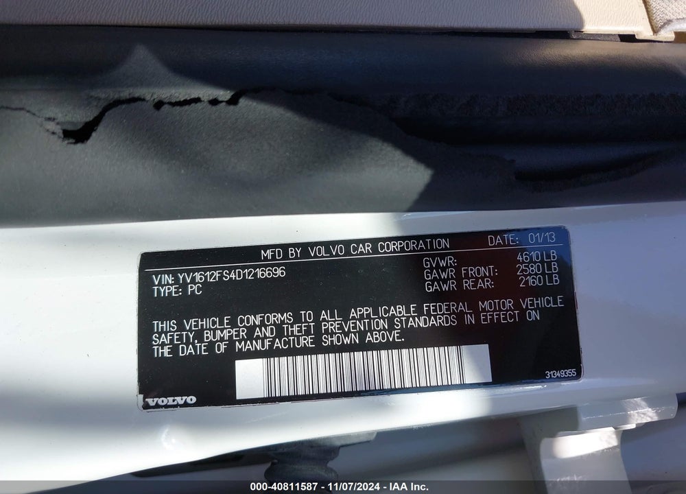 2013 VOLVO S60 T5 VIN: YV1612FS4D1216696