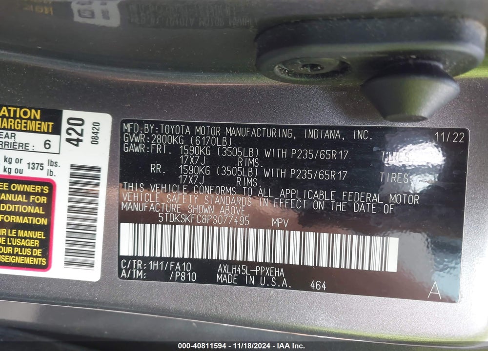 2023 TOYOTA SIENNA LE VIN: 5TDKSKFC8PS077495