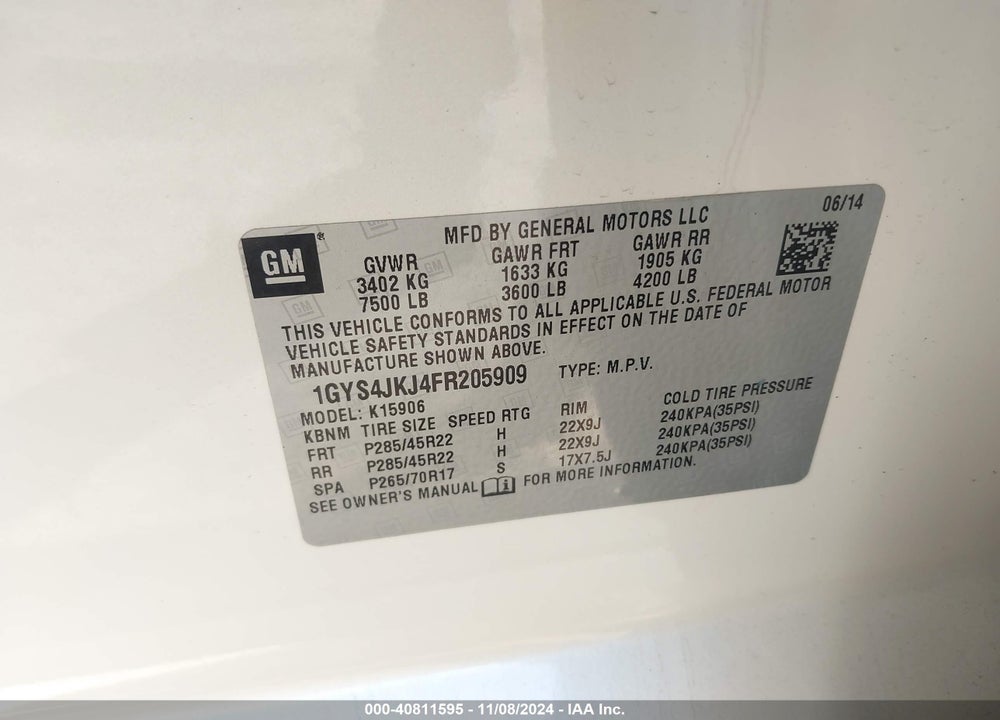 2015 CADILLAC ESCALADE ESV PREMIUM VIN: 1GYS4JKJ4FR205909