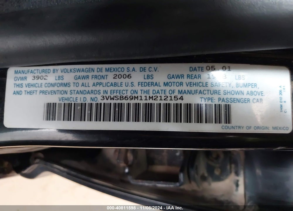 2001 VOLKSWAGEN JETTA GLS VIN: 3VWSB69M11M212154