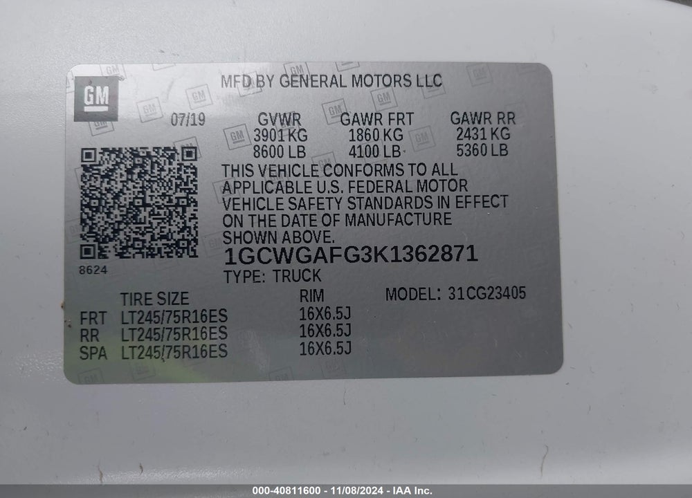 2019 CHEVROLET EXPRESS 2500 WORK VAN VIN: 1GCWGAFG3K1362871