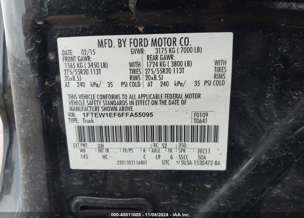 2015 FORD F-150 LARIAT VIN: 1FTEW1EF6FFA55095