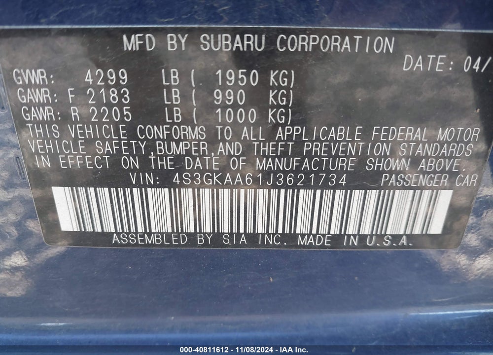 2018 SUBARU IMPREZA 2.0I VIN: 4S3GKAA61J3621734