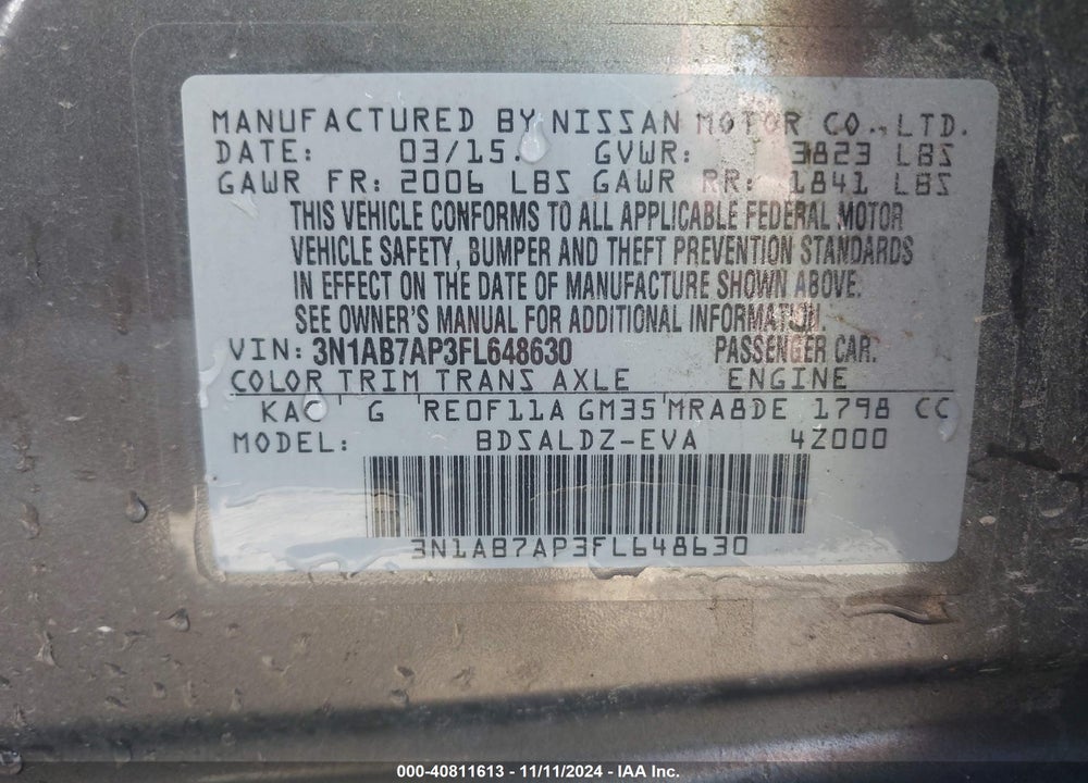 2015 NISSAN SENTRA FE+ S/S/SL/SR/SV VIN: 3N1AB7AP3FL648630